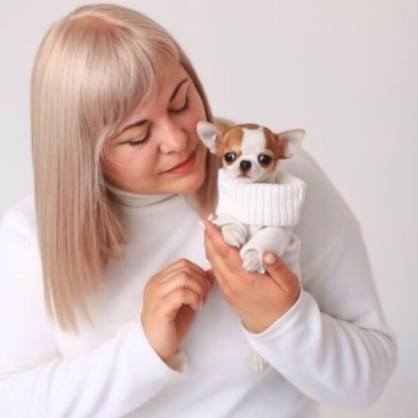Princess Moana Teacup Chihuahua female puppy being held by breeder on white background