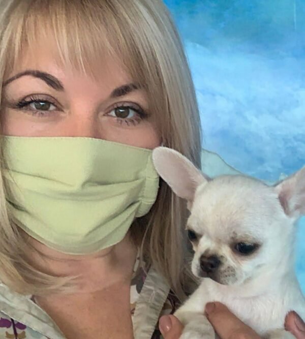 Selena breeder holding Creed creamy white short hair Chihuahua puppy