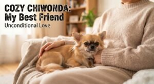 A close-up photograph of a person's lap, where a small, long-haired, fawn-colored Chihuahua is snuggled and resting with its eyes half-closed. The person is wearing a textured beige knitted sweater, and their hand is gently resting on the dog's back. The background is a softly blurred, cozy living room with a bookshelf and sofa. Text is overlaid in the top left.