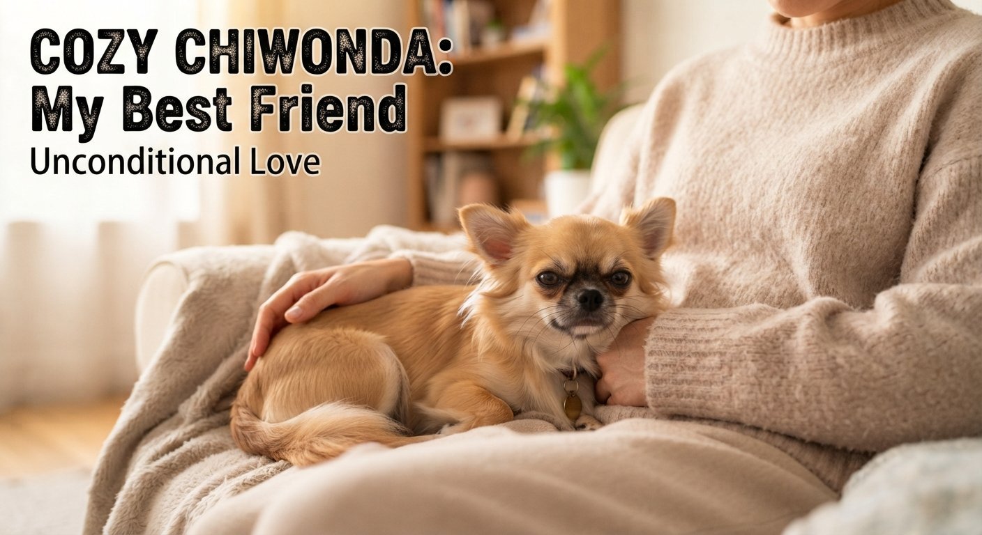 A close-up photograph of a person's lap, where a small, long-haired, fawn-colored Chihuahua is snuggled and resting with its eyes half-closed. The person is wearing a textured beige knitted sweater, and their hand is gently resting on the dog's back. The background is a softly blurred, cozy living room with a bookshelf and sofa. Text is overlaid in the top left.