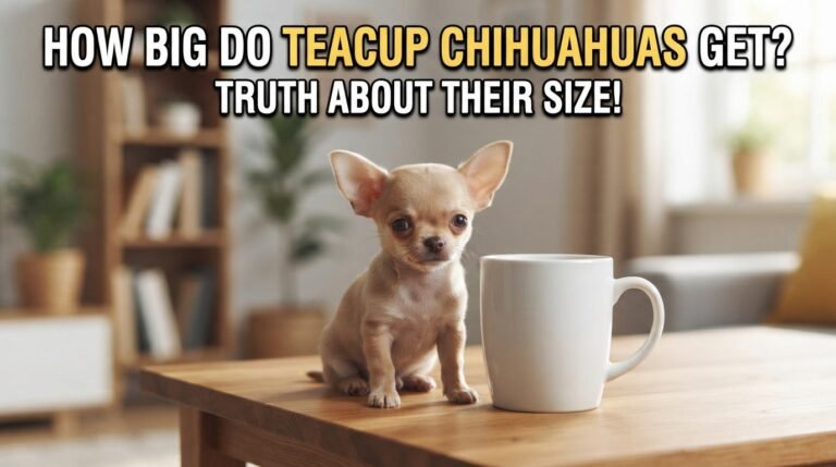 An ultra-realistic YouTube thumbnail featuring a tiny Chihuahua sitting beside a standard white coffee mug on a wooden table to demonstrate its small size, with bold text reading "HOW BIG DO TEACUP CHIHUAHUAS GET?".