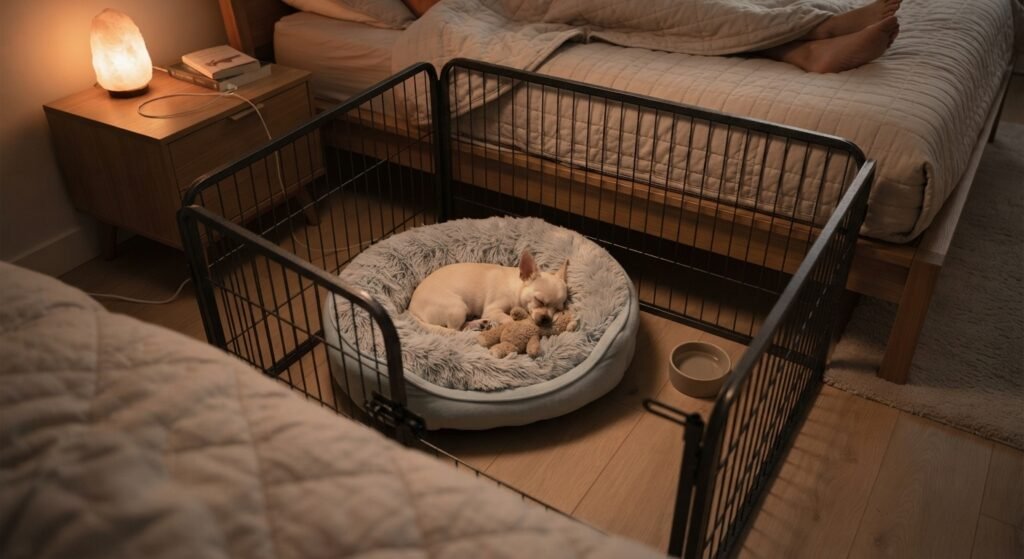 Safe Chihuahua puppy sleeping setup beside the bed