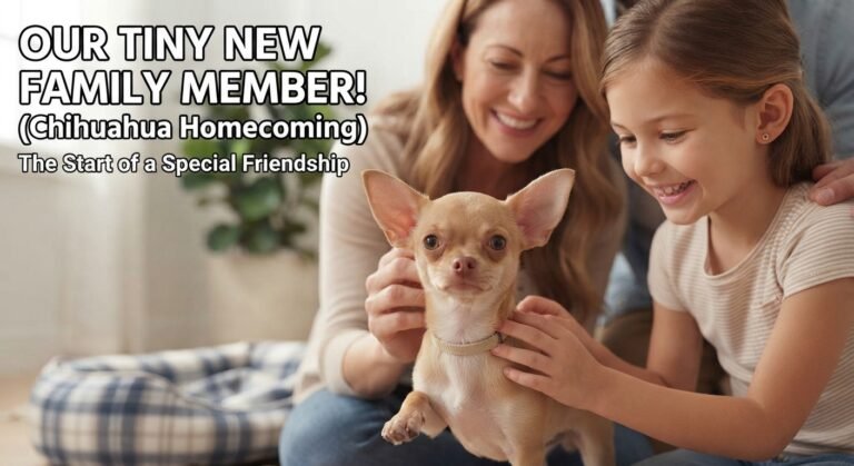 A heartwarming photograph shows a family sitting on the floor of a living room, smiling at a small fawn-colored Chihuahua puppy. The mother and daughter are in the foreground, with the daughter gently holding the puppy. Text overlays are present in the top-left corner.
