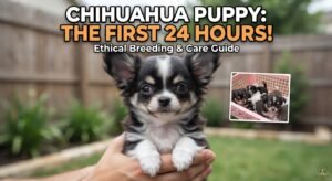 Black and white Chihuahua puppy featured in the YouTube video thumbnail for the first 24 hours care guide.