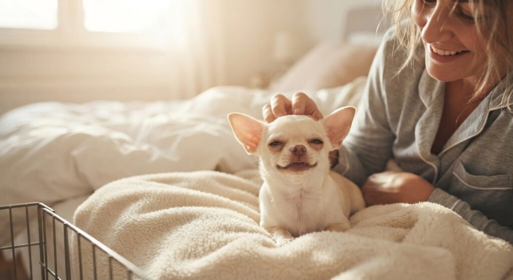 Happy Chihuahua puppy morning after first night at home