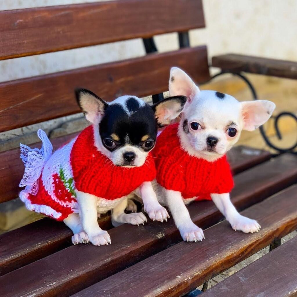 Two tiny Chihuahua puppies sitting side by side on a neutral surface to display natural size differences.
