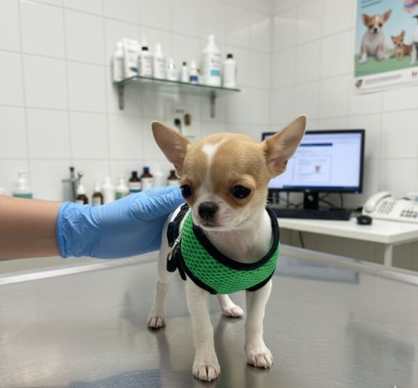 Princess Ruby Standard Chihuahua visiting the veterinarian for a health checkup with a caring veterinary doctor