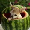 Pretty Penny Teacup Chihuahua sitting inside a carved watermelon during a summer-themed photoshoot.