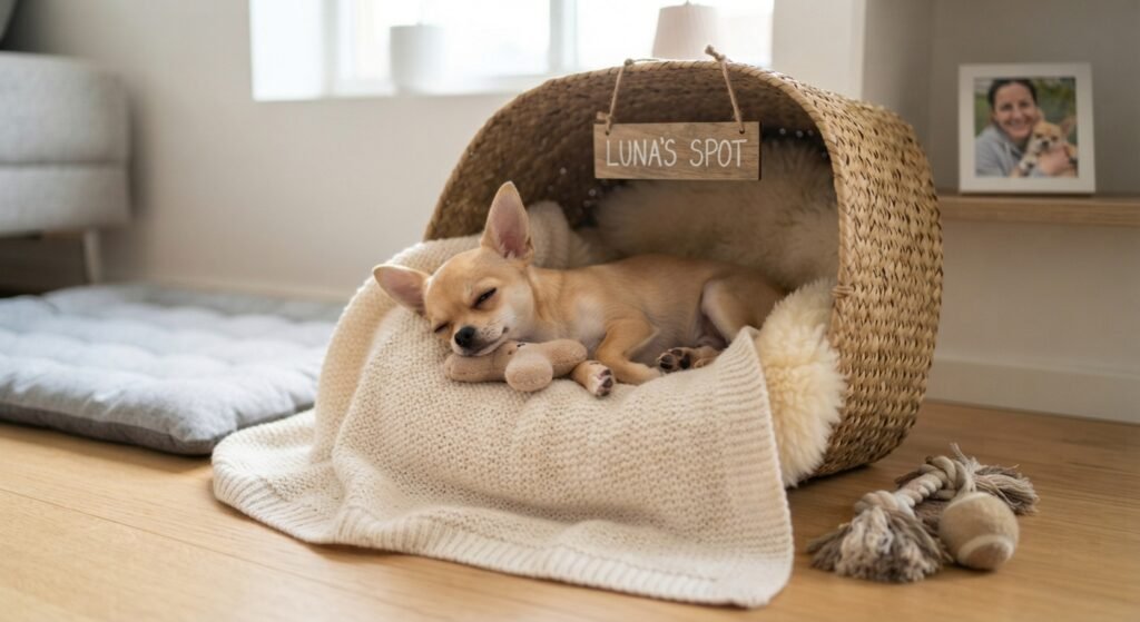 A small fawn Chihuahua puppy sleeping soundly inside a cozy, open-topped woven basket bed with a wooden sign that reads "LUNA'S SPOT", lined with a cream blanket.