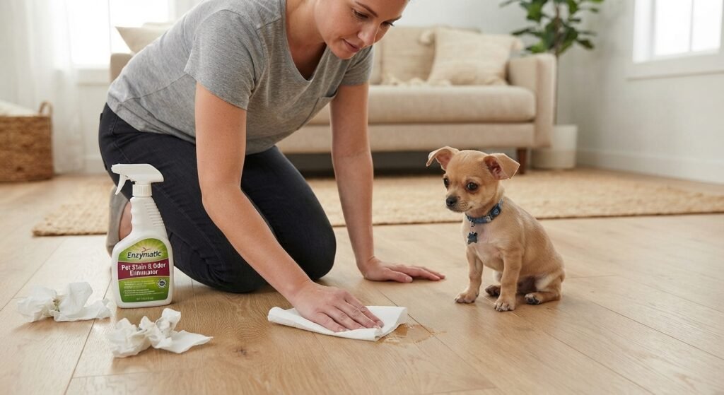 A woman kneeling on a wooden floor uses a paper towel to clean up a spot, with a bottle of enzymatic pet stain and odor eliminator nearby while a small Chihuahua puppy watches.