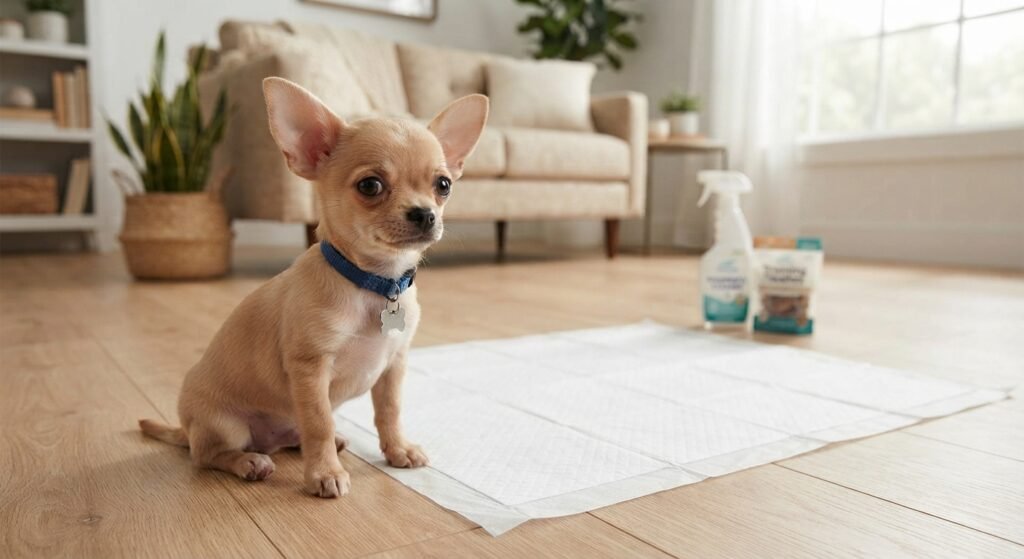 A small fawn-colored Chihuahua puppy with a blue collar and bone tag sits attentively on a light wood floor next to a clean, white puppy training pad in a bright, modern living room. In the background, a sofa, potted plant, and cleaning supplies are visible.