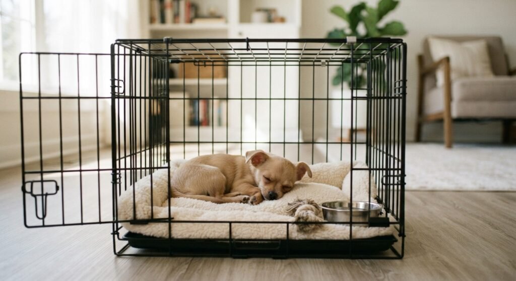A small, tan and white Chihuahua puppy is fast asleep, curled up comfortably on a soft, fluffy beige dog bed inside a black wire crate.