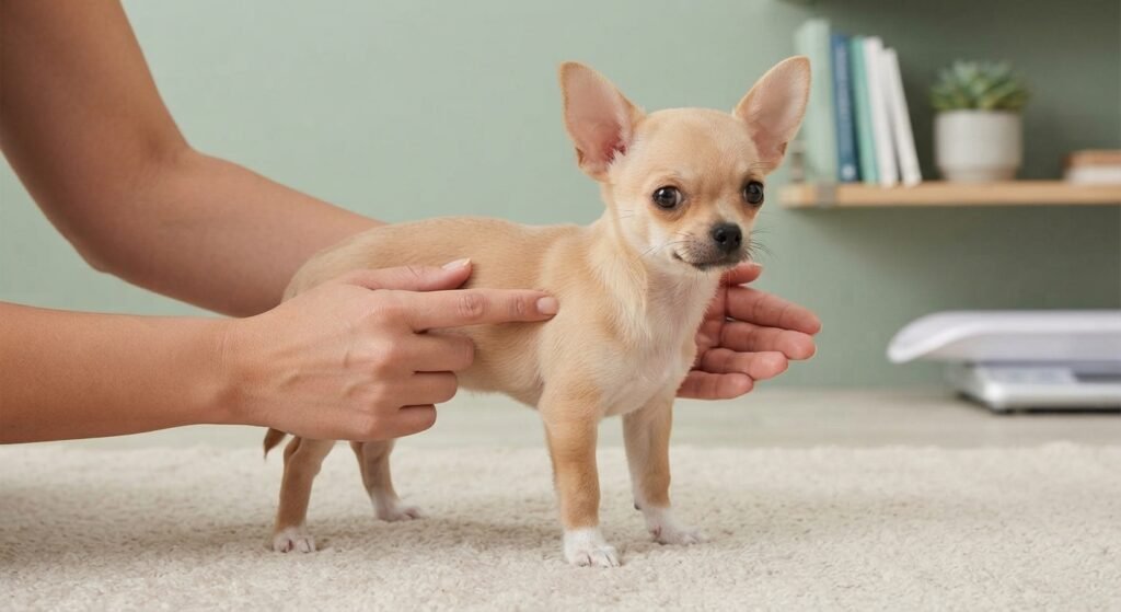 An owner gently hands-on checking a small fawn Chihuahua puppy standing on a soft rug to monitor its growth.