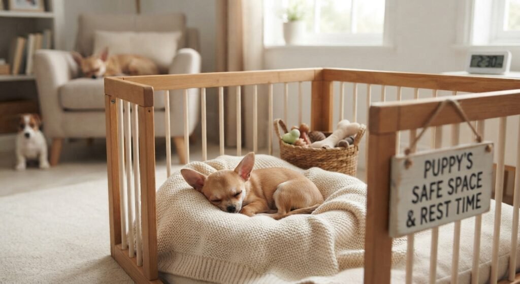 A cozy indoor scene featuring a fawn-colored Chihuahua puppy sleeping soundly inside a wooden playpen on a cream knitted blanket. In the background living area, another similar Chihuahua rests on a beige armchair, and a Jack Russell puppy sits on the floor. A sign on the playpen reads, "PUPPY'S SAFE SPACE & REST TIME."