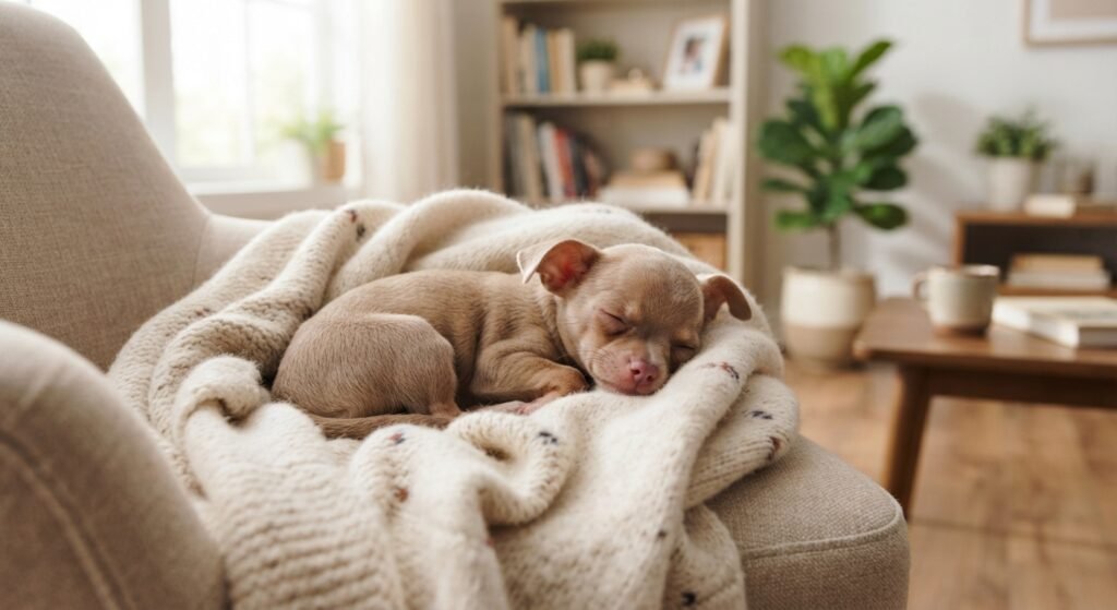 A small tan Chihuahua puppy sleeping peacefully curled up in a soft, knitted cream blanket on an armchair in a brightly lit, clean living room.