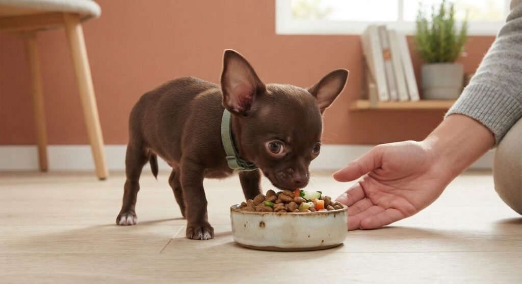 A chocolate-colored Chihuahua puppy eating from a ceramic bowl with an owner's hand nearby on a light wood floor.