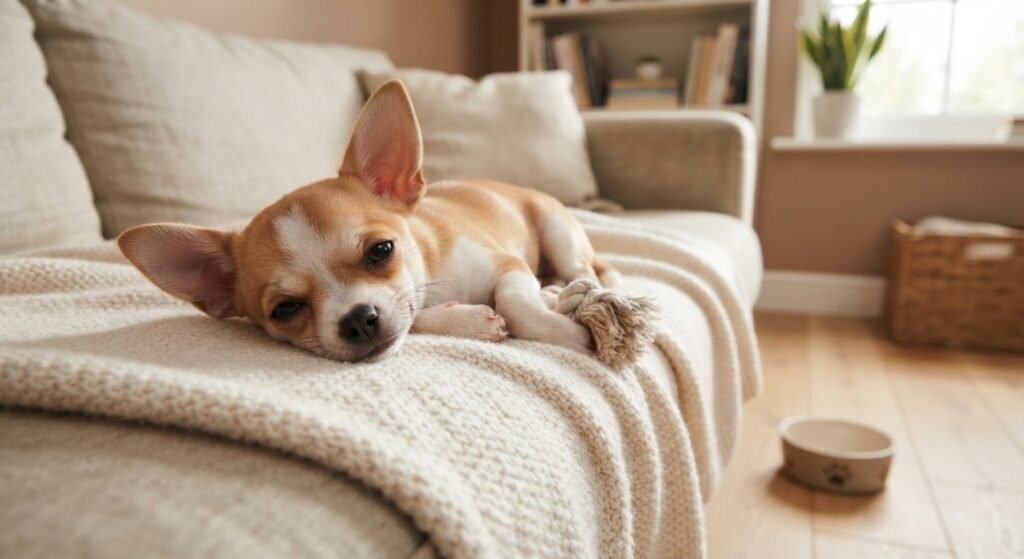 A cozy fawn and white Chihuahua puppy resting tiredly on a beige sofa draped with a soft throw blanket.