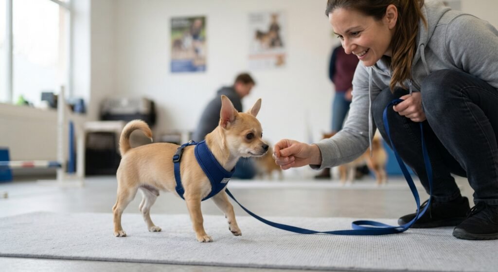 A fawn Chihuahua puppy in a blue harness and leash, standing calmly while its owner guides it with a treat in an indoor training facility.
