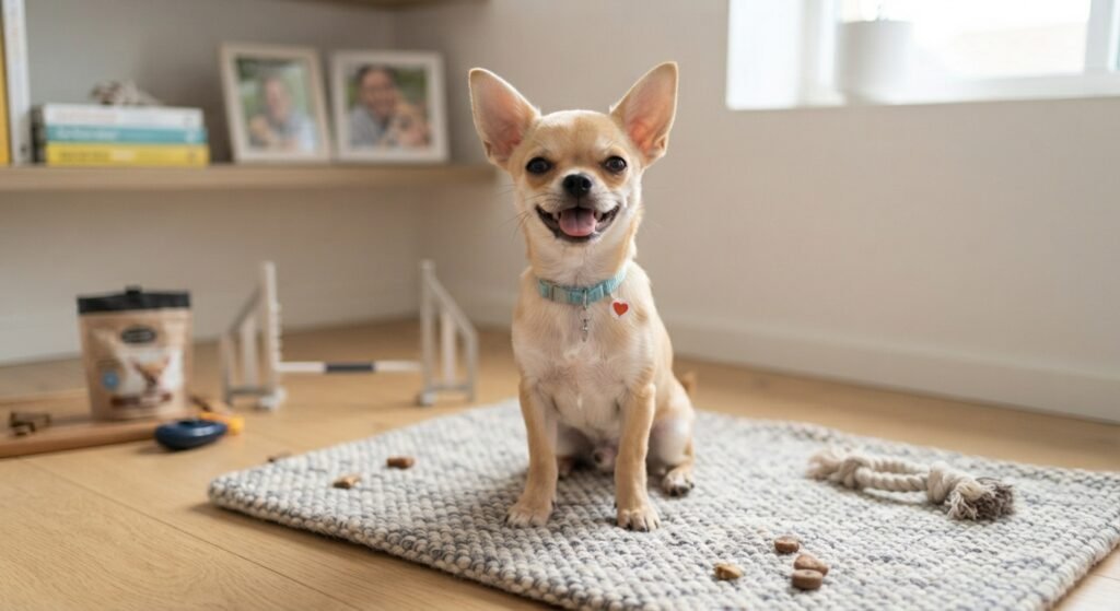 A happy, fawn Chihuahua puppy with large ears and a blue collar, sitting proudly and smiling directly at the camera on a grey mat, with a small treat nearby.