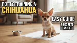 An ultra-realistic YouTube thumbnail featuring a cute tan Chihuahua puppy sitting attentively on a clean puppy pad on a wooden floor, accompanied by large bold text reading "POTTY TRAINING A CHIHUAHUA" and "EASY GUIDE."