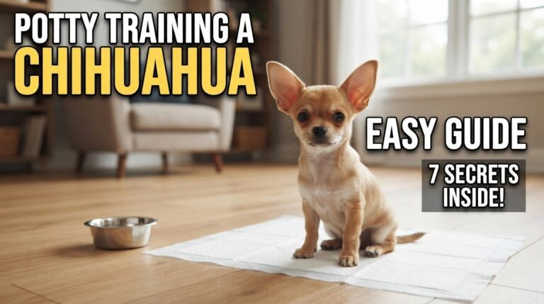 An ultra-realistic YouTube thumbnail featuring a cute tan Chihuahua puppy sitting attentively on a clean puppy pad on a wooden floor, accompanied by large bold text reading "POTTY TRAINING A CHIHUAHUA" and "EASY GUIDE."