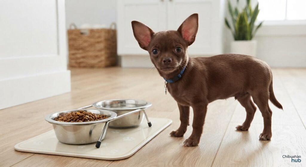 A small fawn-colored Chihuahua puppy standing on a light wood floor next to clean food and water bowls.