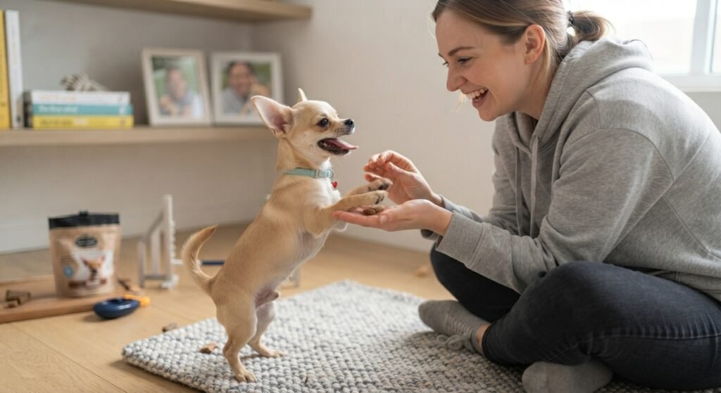 A joyful Chihuahua puppy jumping up to interact with its smiling female owner's hands, which are held low near the floor in a sunlit living room.
