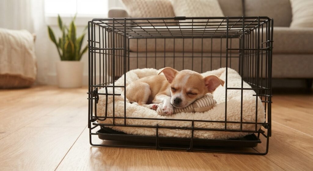 A small, tan and white Chihuahua puppy is fast asleep, curled up comfortably on a soft, fluffy beige dog bed inside a black wire crate.