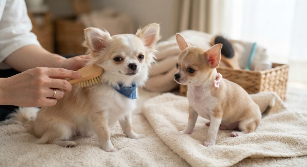 A person gently brushing a long-haired Chihuahua puppy while a smooth-coated Chihuahua puppy sits nearby on a soft blanket.