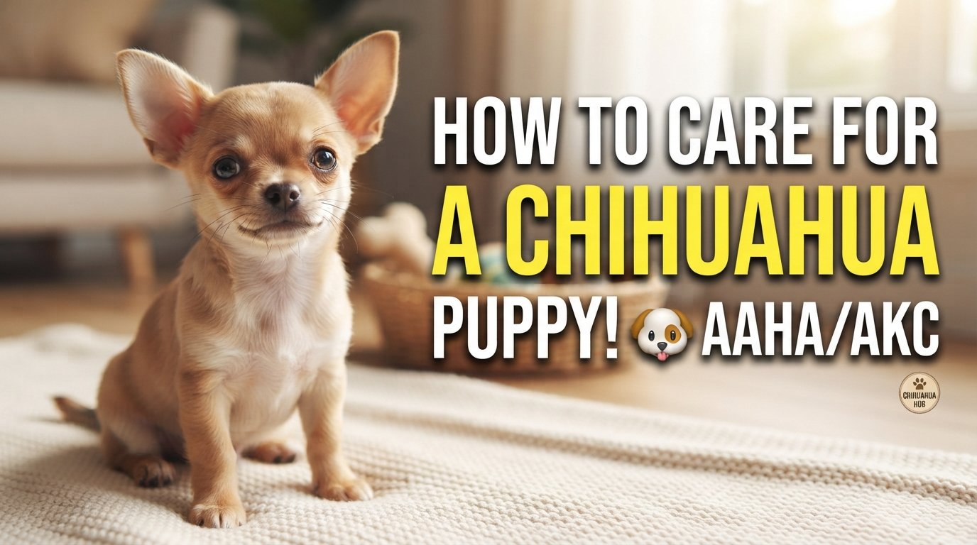 An ultra-realistic YouTube thumbnail featuring an alert fawn Chihuahua puppy sitting on a soft blanket indoors, alongside bold text that reads "HOW TO CARE FOR A CHIHUAHUA PUPPY! 🐶 AAHA/AKC" and a small Chihuahua Hub logo in the corner.