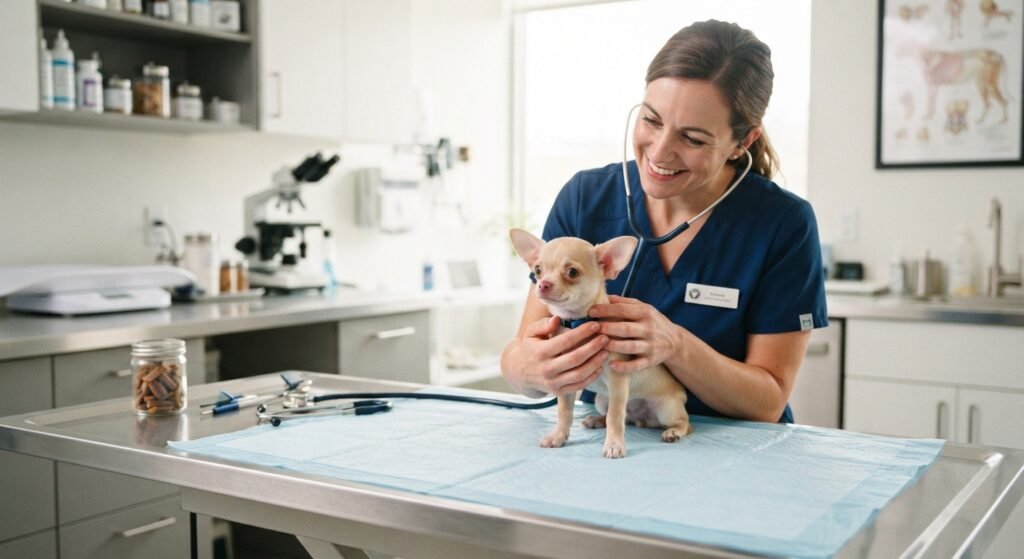 A friendly veterinarian smiling as she uses a stethoscope to examine a small tan Chihuahua puppy sitting on an examination table in a bright clinic.