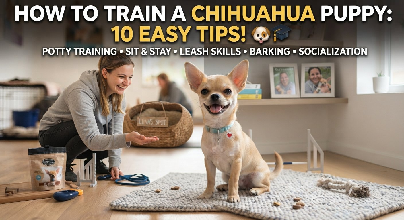 An ultra-realistic YouTube thumbnail showcasing a happy Chihuahua puppy sitting proudly on a mat after completing a training exercise, with its owner nearby and bold text reading "HOW TO TRAIN A CHIHUAHUA PUPPY: 10 EASY TIPS!".
