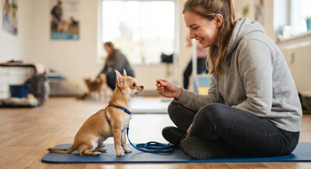 A fawn Chihuahua puppy sitting attentively and focused on its owner, who is holding a treat in a training room setting.
