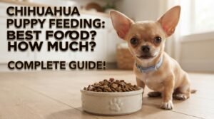 A small fawn-colored Chihuahua puppy standing on a light wood floor near food and water bowls, with text overlay reading "CHIHUAHUA PUPPY FEEDING: A Complete Nutrition Guide for Owners".