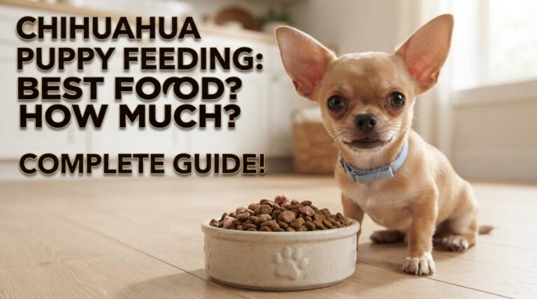 A small fawn-colored Chihuahua puppy standing on a light wood floor near food and water bowls, with text overlay reading "CHIHUAHUA PUPPY FEEDING: A Complete Nutrition Guide for Owners".