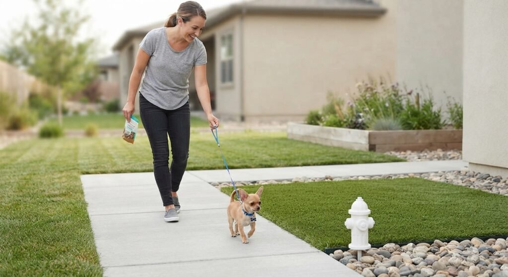 A smiling woman wearing a grey t-shirt and dark jeans walks a small tan Chihuahua puppy on a leash along a concrete sidewalk next to a green lawn.
