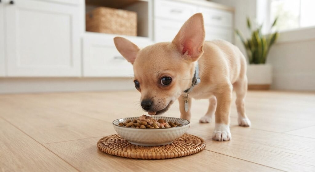 A small fawn Chihuahua puppy eating from a shallow bowl placed on a woven mat in a bright home kitchen.