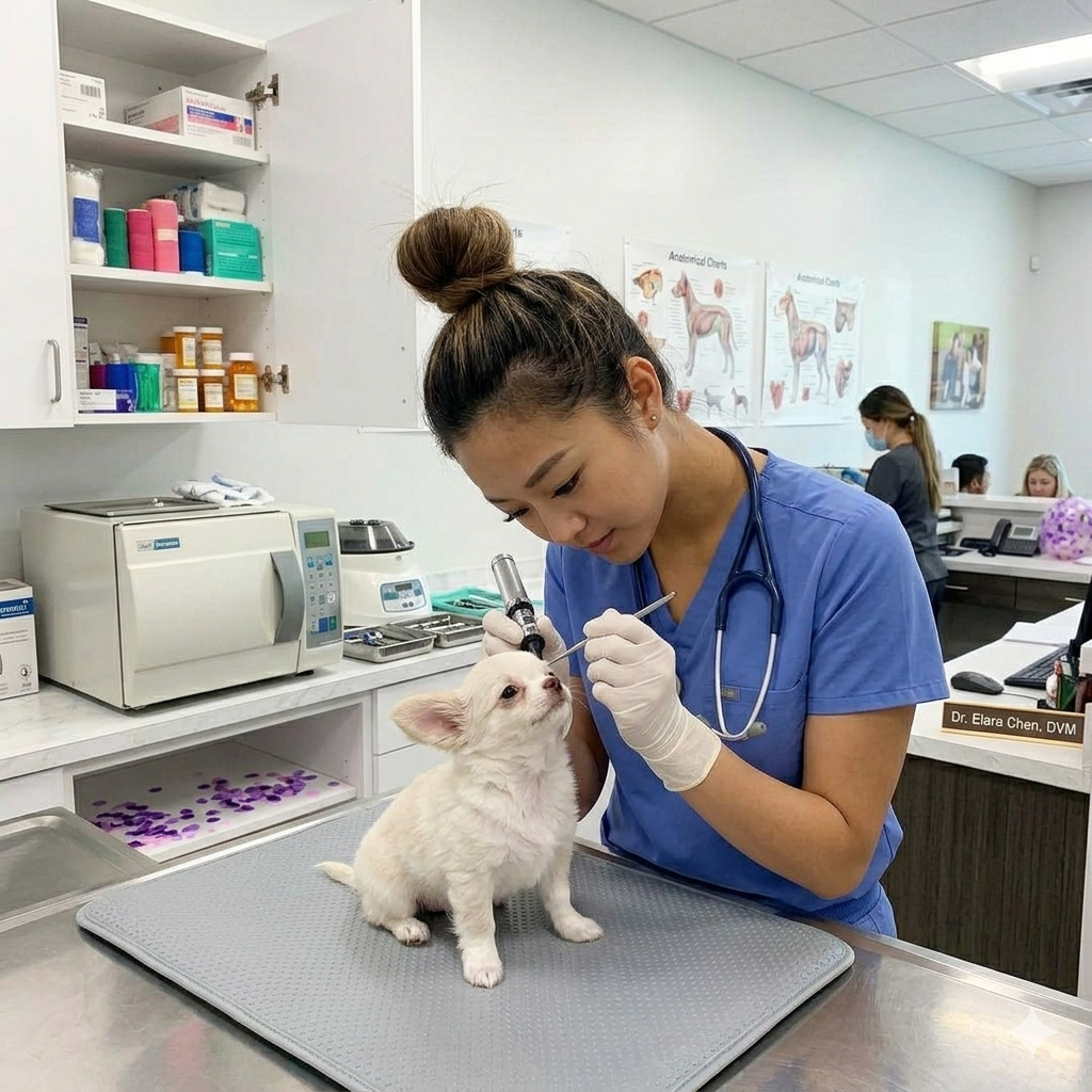 Veterinary nurse performing a health check on a Chihuahua puppy