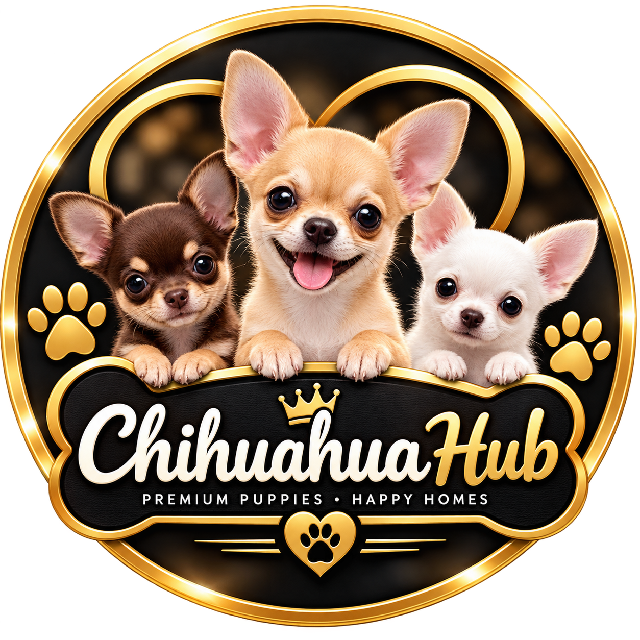 ChihuahuaHub premium puppies logo featuring three adorable Chihuahuas with a gold and black luxury design