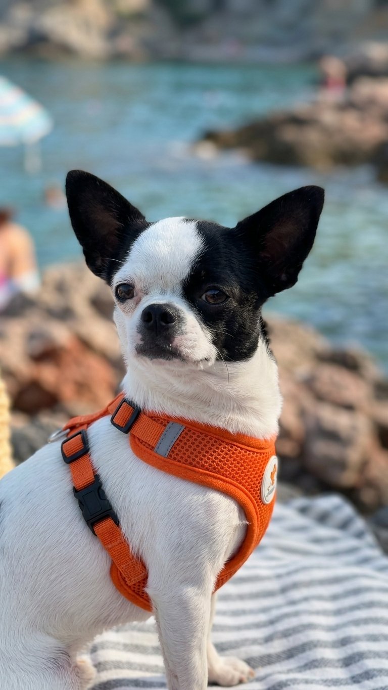 Small Dog Beach Safety - Orange Harness Detail