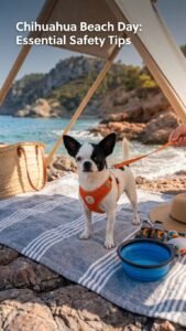 A composite lifestyle featured image for Chihuahua Hub, showcasing a black and white Chihuahua in an orange safety harness on a beach blanket with sun gear, water bowl, and shaded canopy by the ocean.