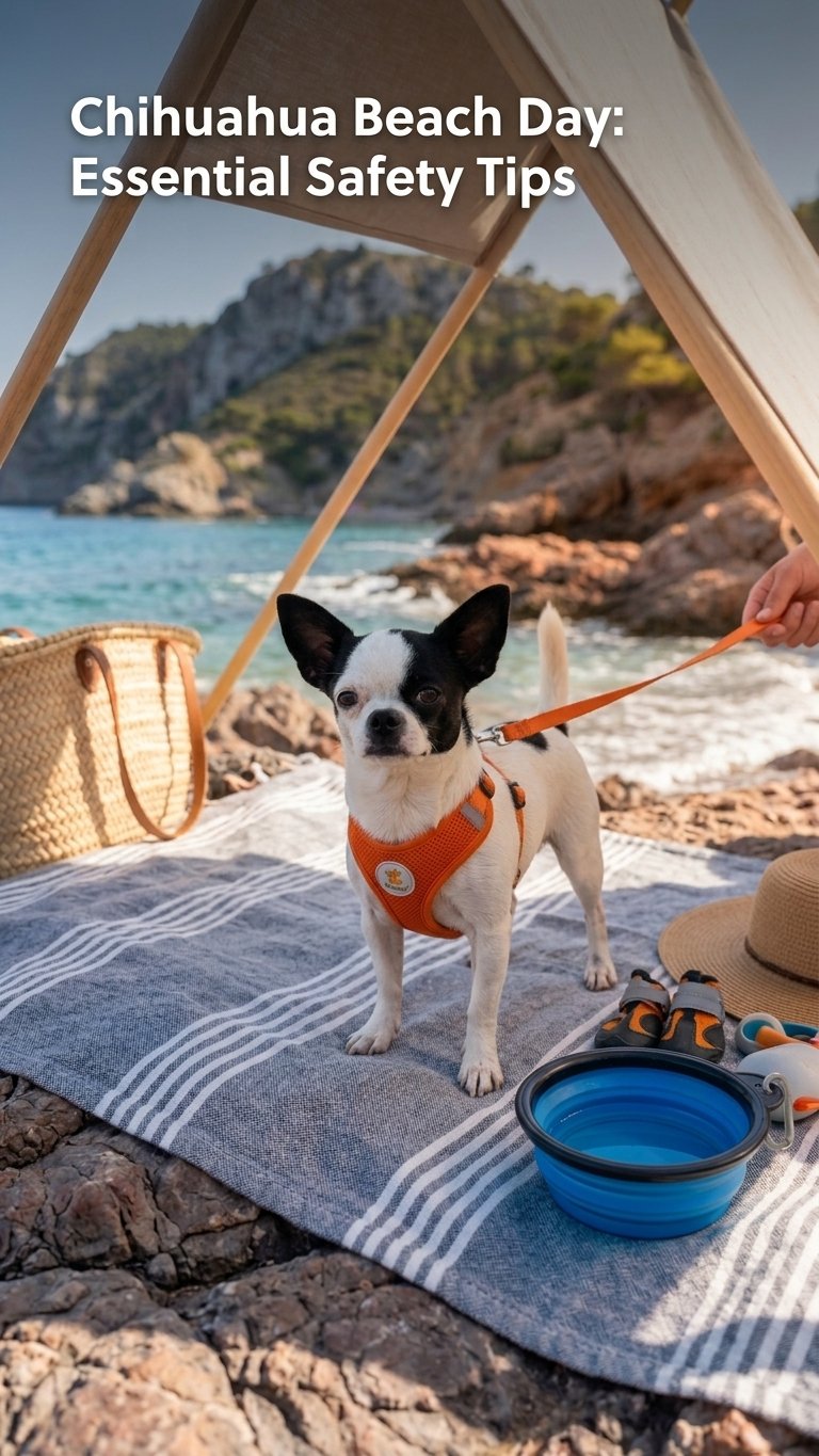 A composite lifestyle featured image for Chihuahua Hub, showcasing a black and white Chihuahua in an orange safety harness on a beach blanket with sun gear, water bowl, and shaded canopy by the ocean.